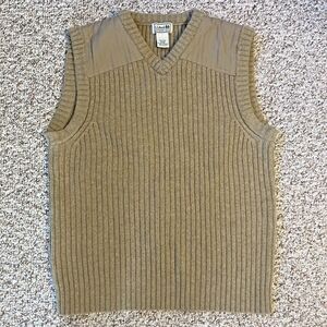 LL Bean Mens Lambs Wool Sweater Vest Size M 282950 Tan Patch Grandpa Hunting